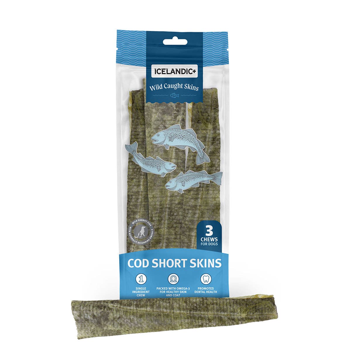 100% Wild-Caught Icelandic Cod Skin Chews for Dogs: Cod Short Skins Dog Chew (3 count)