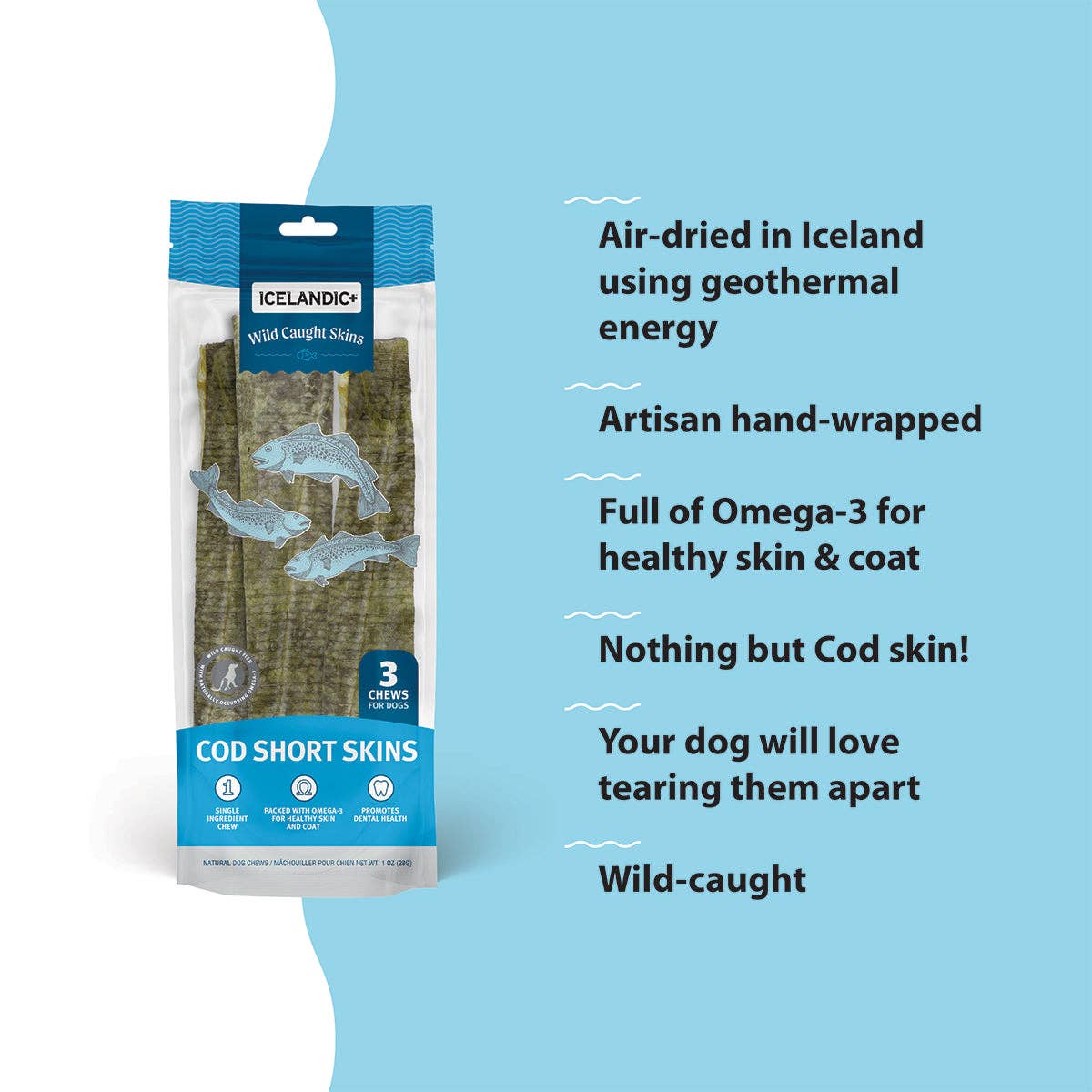 100% Wild-Caught Icelandic Cod Skin Chews for Dogs: Cod Short Skins Dog Chew (3 count)